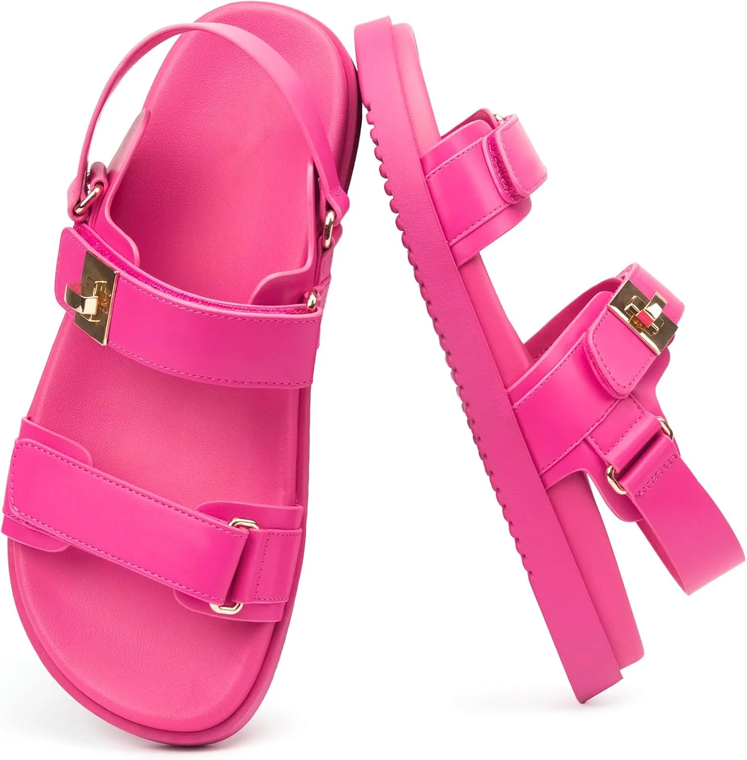 Women's Flat Sandals Adjustable Double Strap Slide Sandals Open Toe Slip on Shoes Resistant Leather Footbed Comfort Sandals Dressy for Summer Beach Vacation