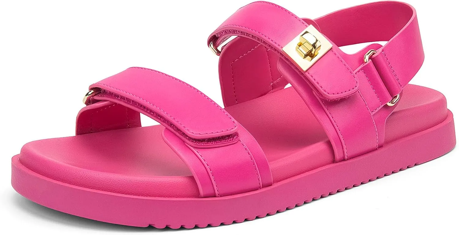 Women's Flat Sandals Adjustable Double Strap Slide Sandals Open Toe Slip on Shoes Resistant Leather Footbed Comfort Sandals Dressy for Summer Beach Vacation