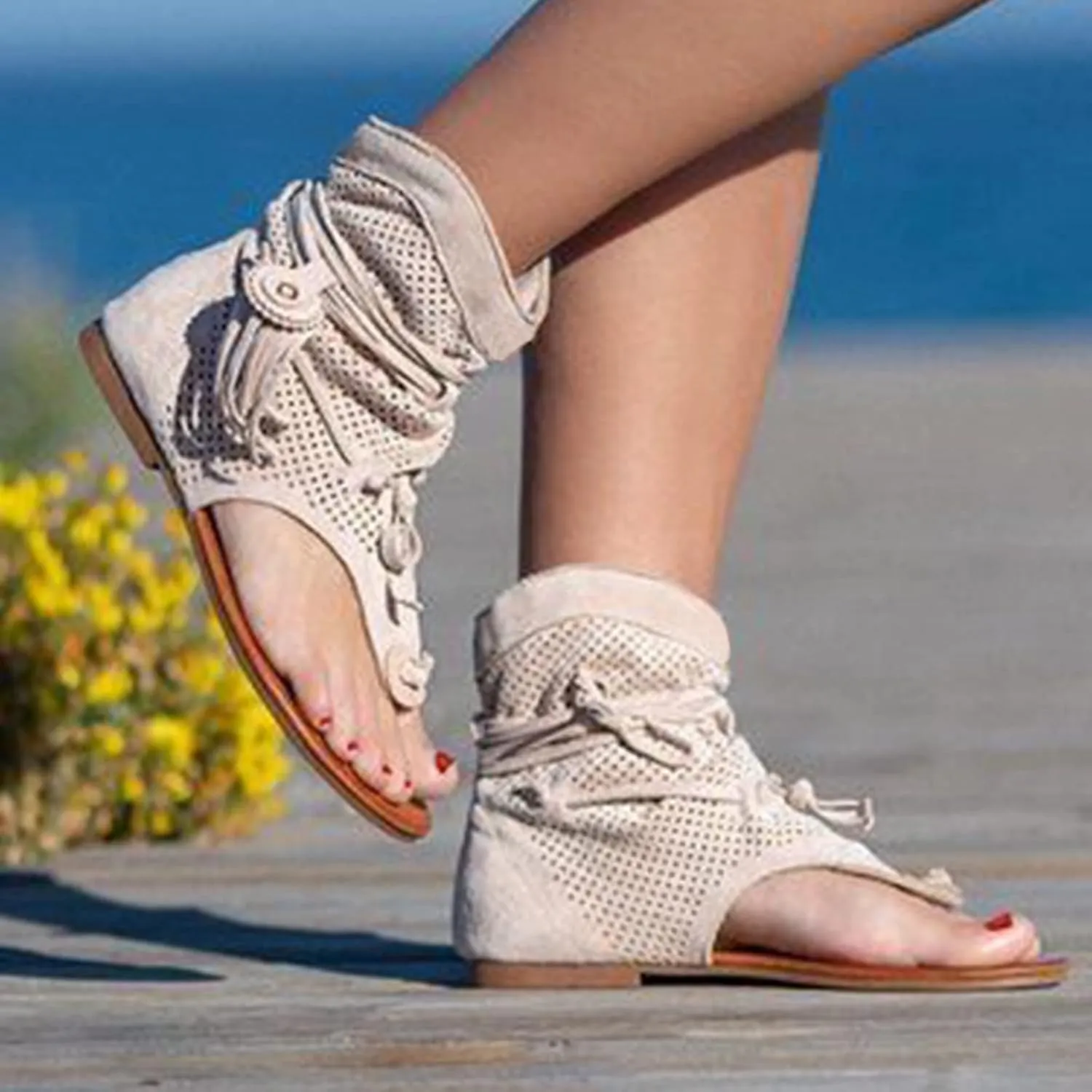 Women's Flats Sandals Bohemian Outdoor High Top Memory Foam Insole Summer Anti Slip Summer Thong Shoes