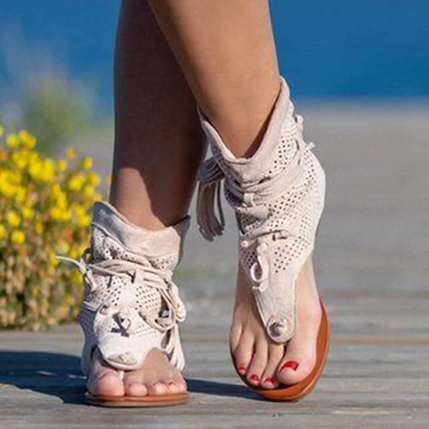 Women's Flats Sandals Bohemian Outdoor High Top Memory Foam Insole Summer Anti Slip Summer Thong Shoes