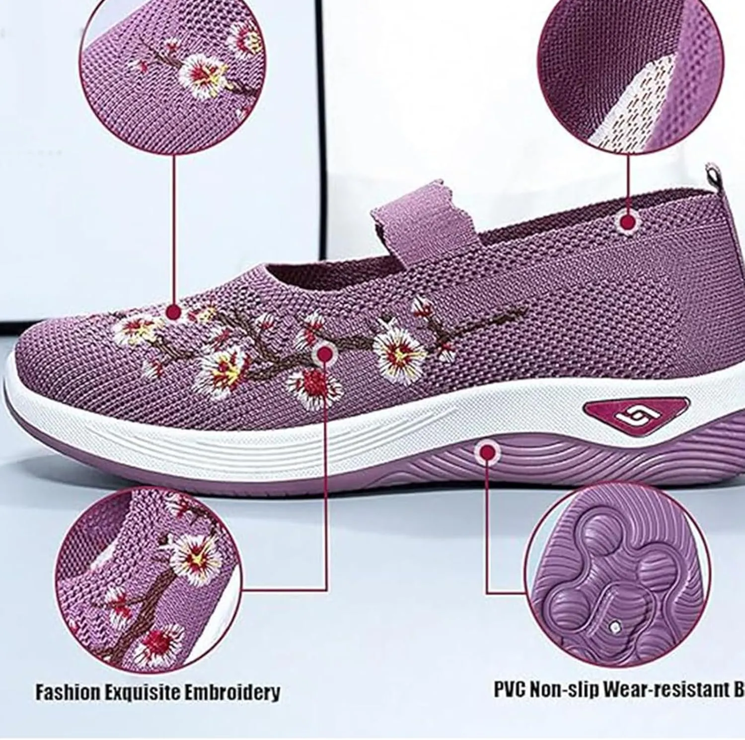 Women's Flats Shoes National Style Embroidered Flower Slip On Mesh Breathable Casual Loafers Comfortable Soft Woman Shoes Casual Heel with Arch Support