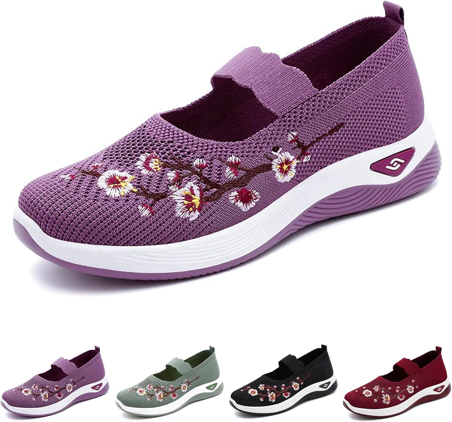 Women's Flats Shoes National Style Embroidered Flower Slip On Mesh Breathable Casual Loafers Comfortable Soft Woman Shoes Casual Heel with Arch Support