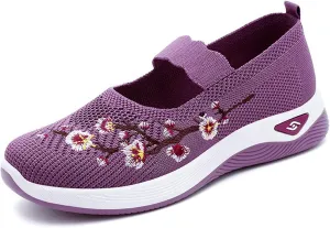 Women's Flats Shoes National Style Embroidered Flower Slip On Mesh Breathable Casual Loafers Comfortable Soft Woman Shoes Casual Heel with Arch Support