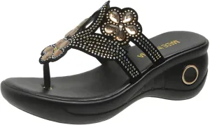 Womens Flip Flops Wedge Sandals with Arch Support Platform Slip On Walking Beaded Beach Open toe Thong Shoes