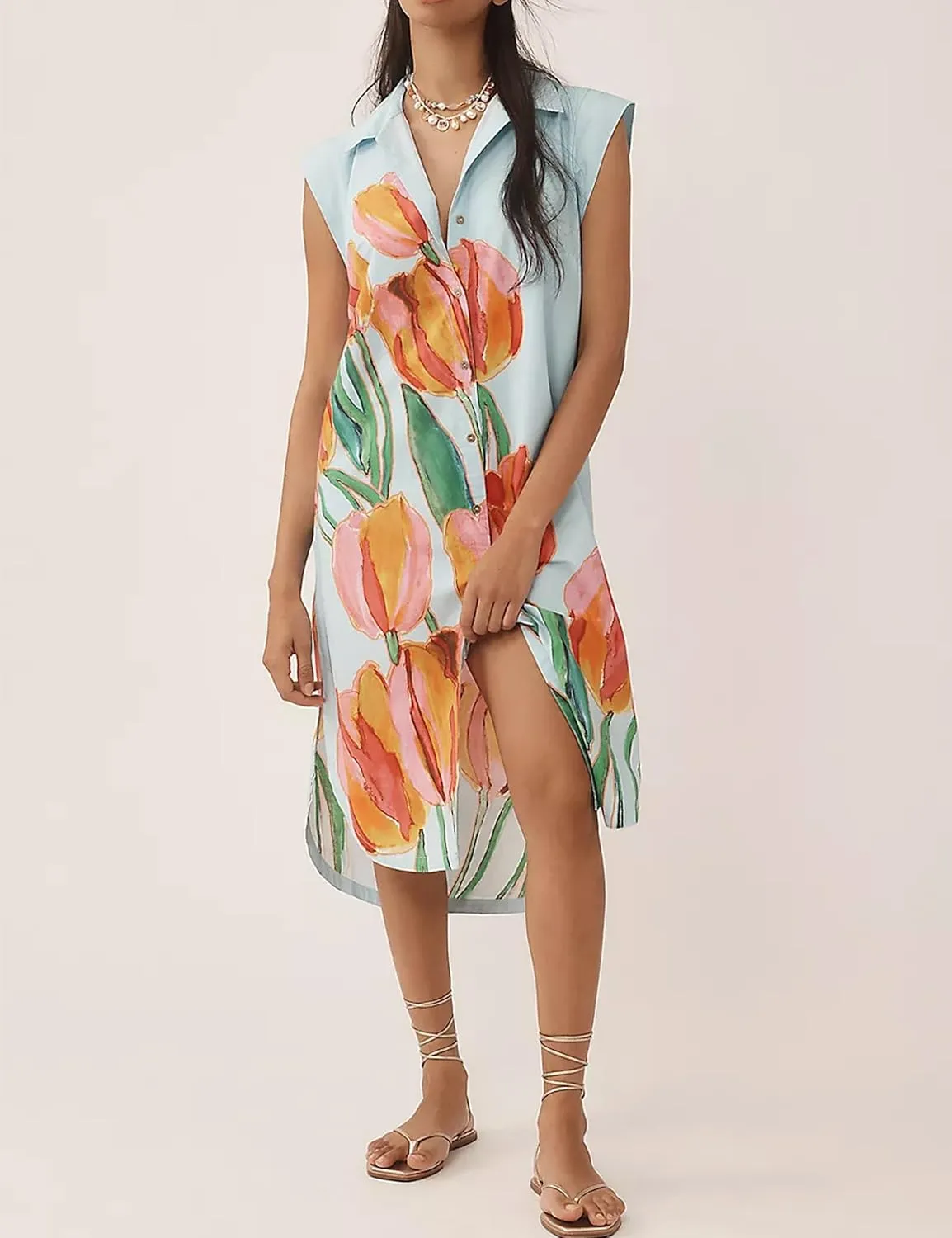 Women’s Floral Print Cap Sleeve Button Up Shirt Midi Dress Summer Casual V Neck Cute Loose Fit Dresses