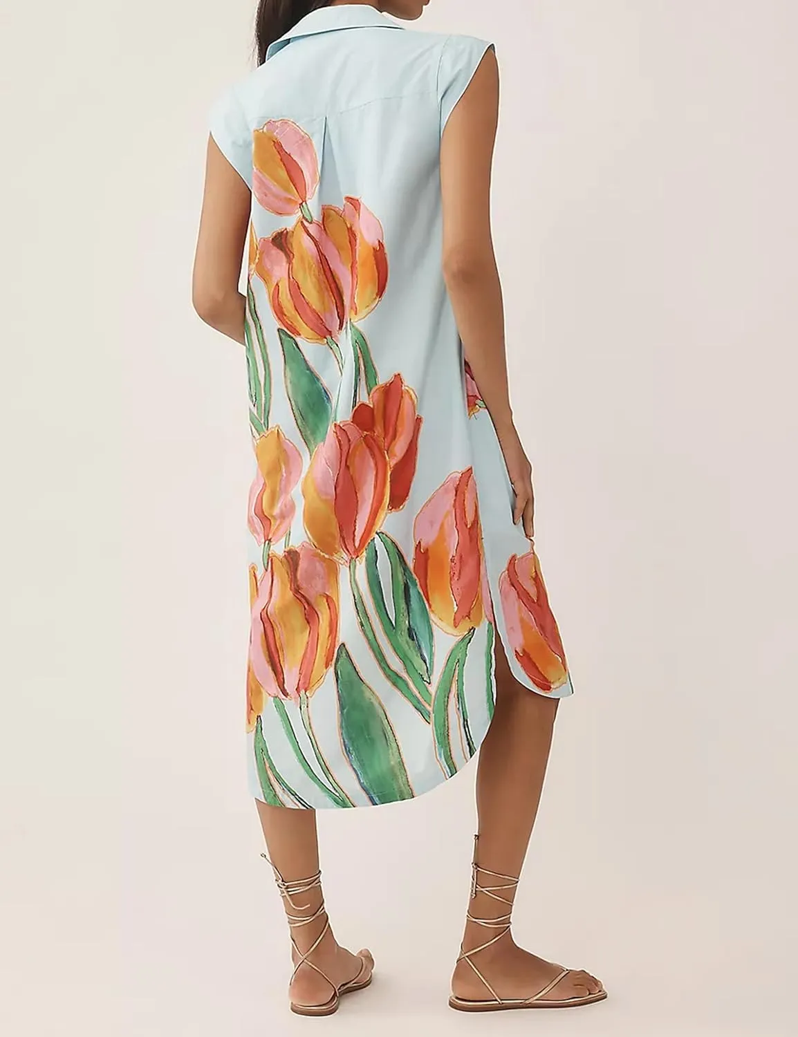 Women’s Floral Print Cap Sleeve Button Up Shirt Midi Dress Summer Casual V Neck Cute Loose Fit Dresses