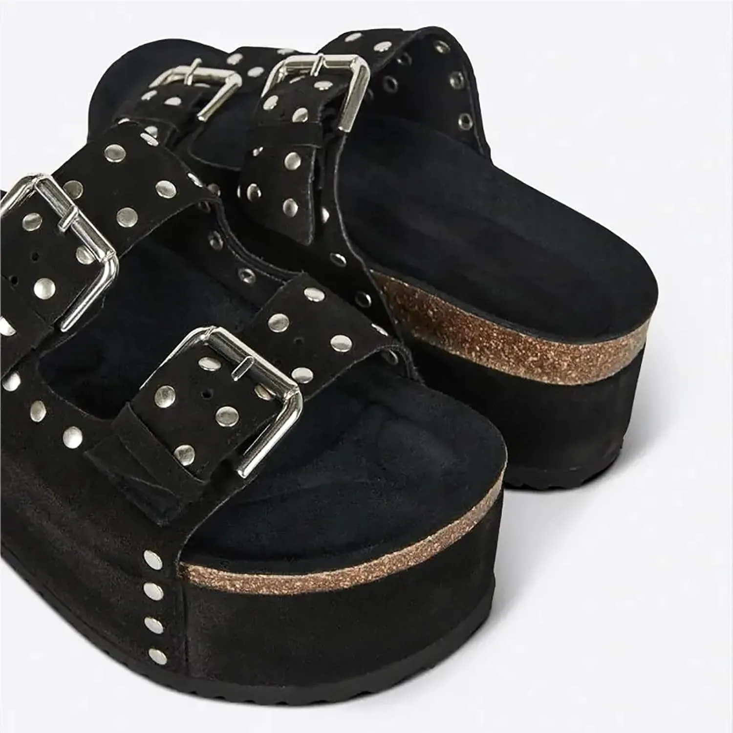 Womens Genuine Leather Cork Platform Sandals Adjustable Buckle Straps Band Suede Clogs Platform Slip on Flatform Sandals