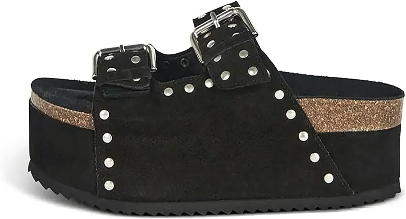 Womens Genuine Leather Cork Platform Sandals Adjustable Buckle Straps Band Suede Clogs Platform Slip on Flatform Sandals