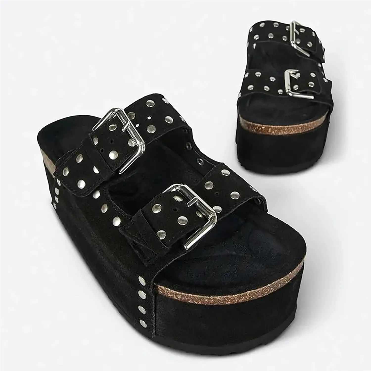 Womens Genuine Leather Cork Platform Sandals Adjustable Buckle Straps Band Suede Clogs Platform Slip on Flatform Sandals