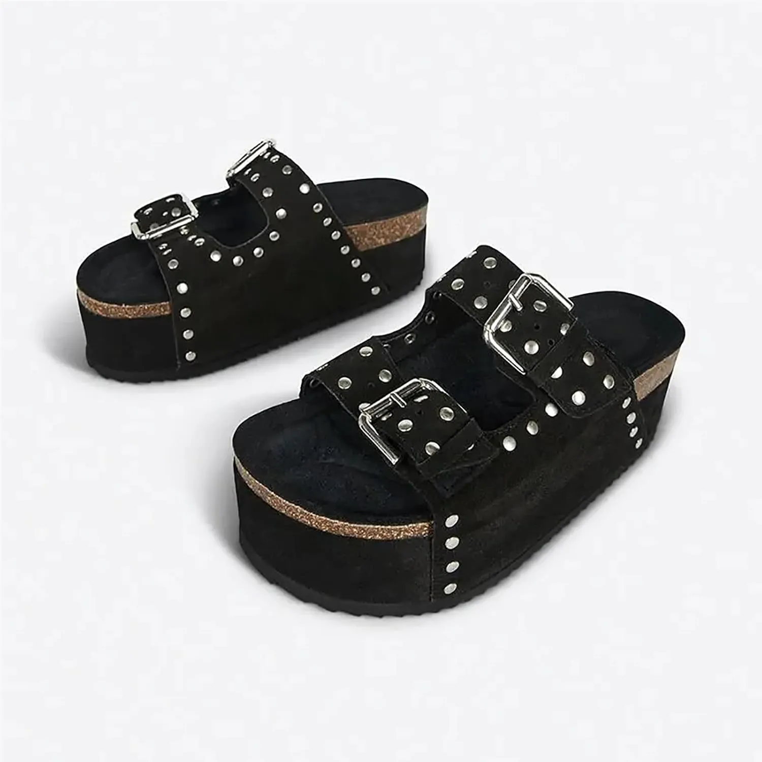 Womens Genuine Leather Cork Platform Sandals Adjustable Buckle Straps Band Suede Clogs Platform Slip on Flatform Sandals