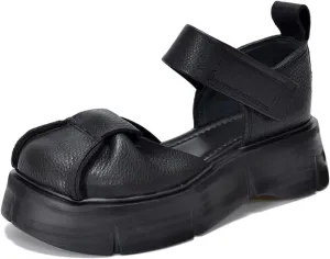 Women's Genuine Leather Platform Vintage Roman Sandals With Adjustable Hook And Loop Closed Round Toe Chunky Platform Comfortable Anti-Slip Hollow Out Casual Walking Sandals (8,black)