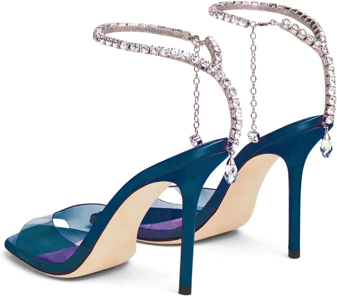 Women's Heeled Sandals Crystal Chain Ankle Strap Rhinestone Buckle Square Open Toe Stiletto High Heels Wedding Party Satin Dress Shoes