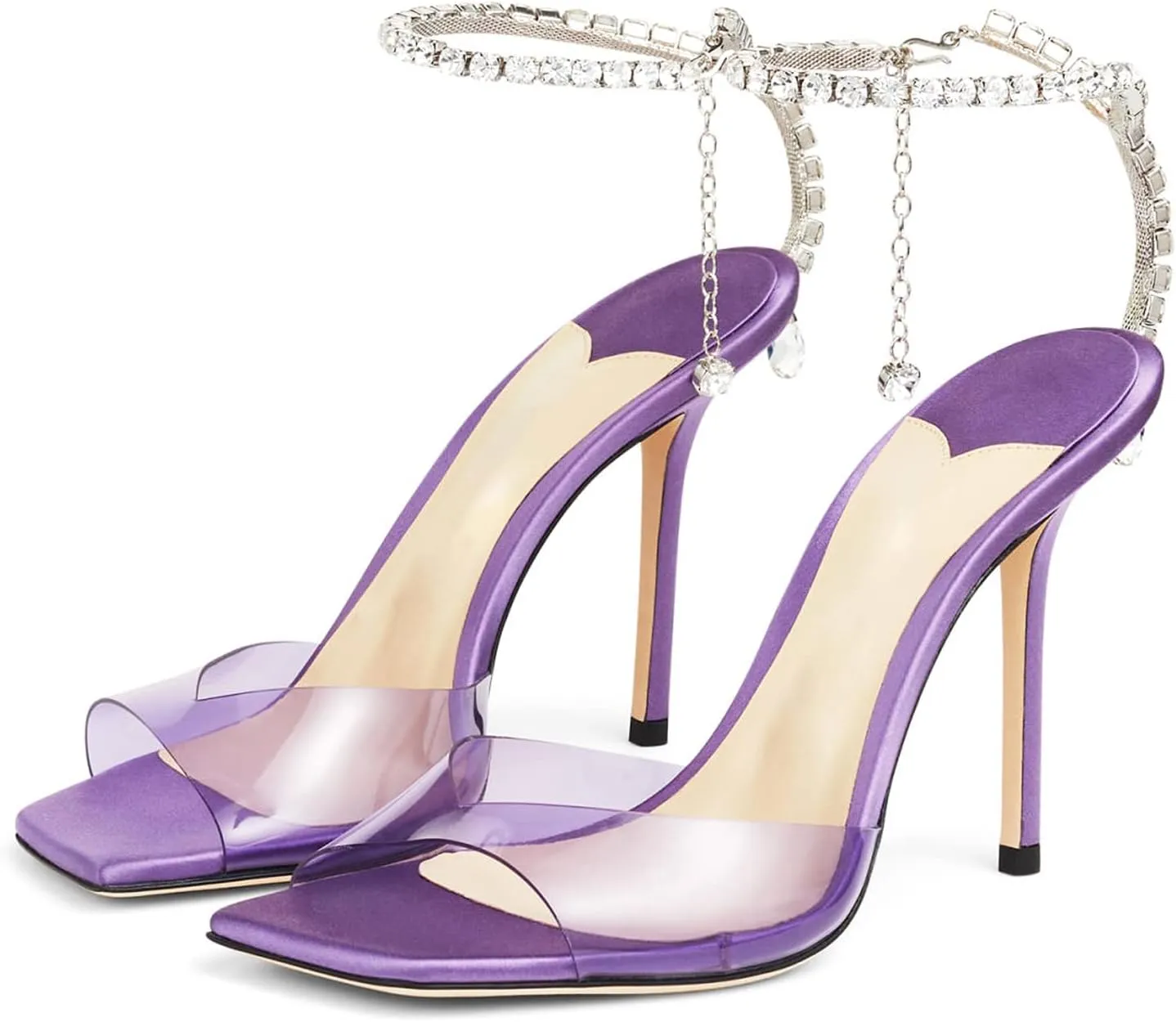 Women's Heeled Sandals Crystal Chain Ankle Strap Rhinestone Buckle Square Open Toe Stiletto High Heels Wedding Party Satin Dress Shoes