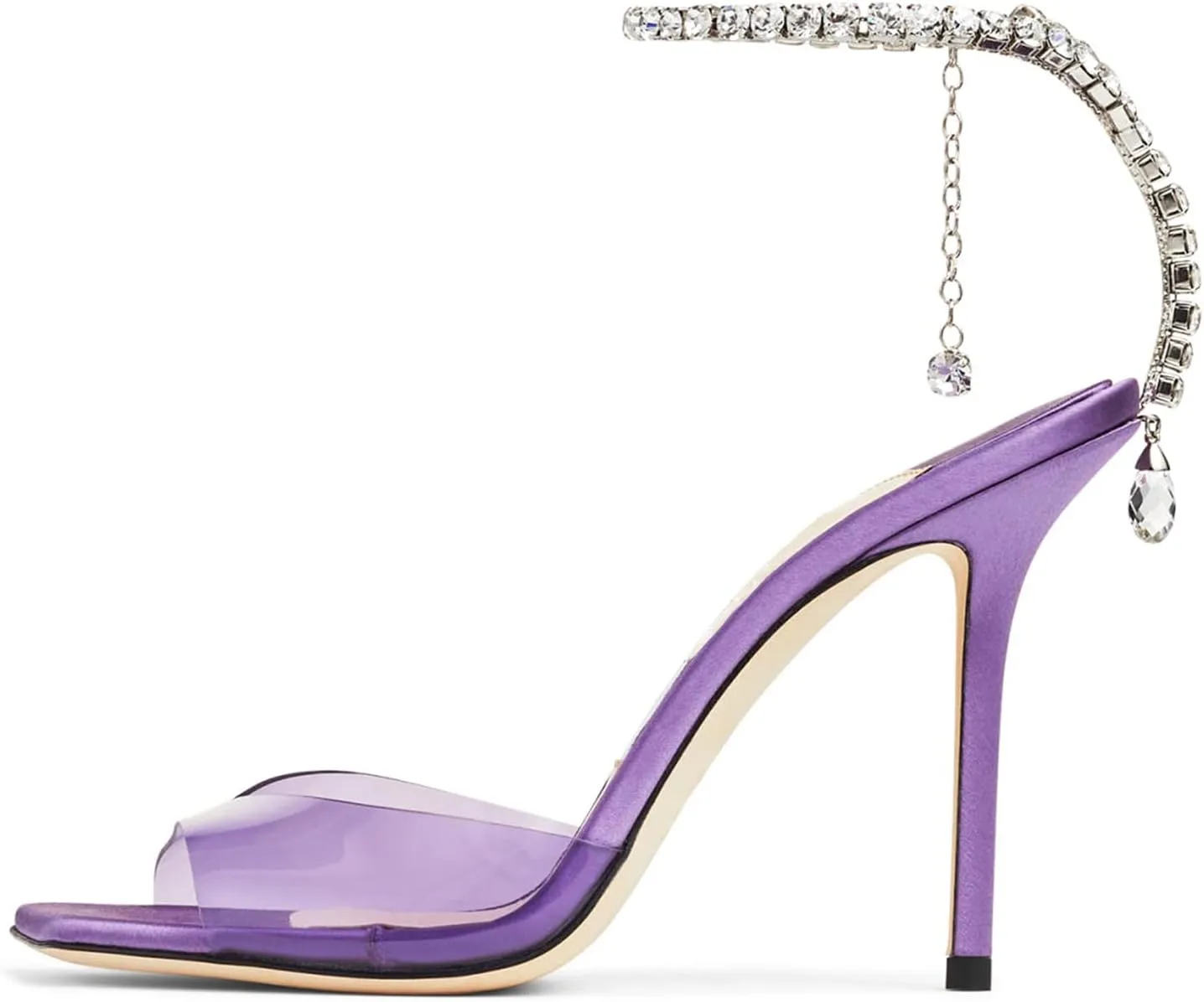 Women's Heeled Sandals Crystal Chain Ankle Strap Rhinestone Buckle Square Open Toe Stiletto High Heels Wedding Party Satin Dress Shoes