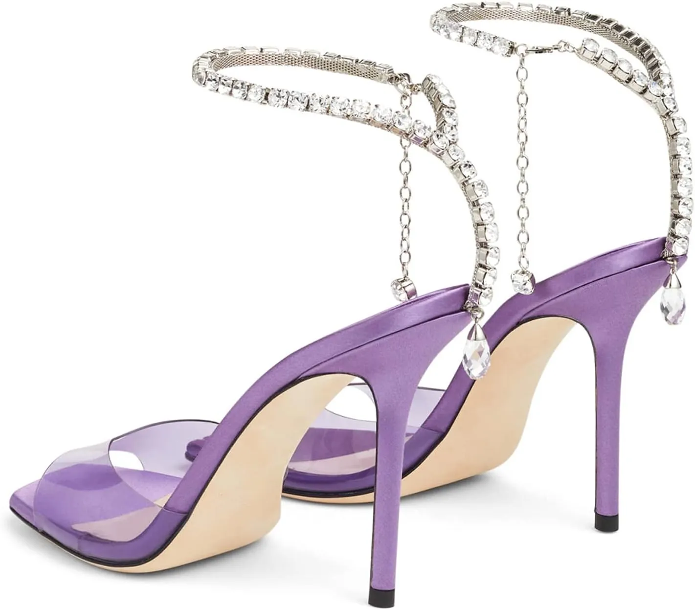 Women's Heeled Sandals Crystal Chain Ankle Strap Rhinestone Buckle Square Open Toe Stiletto High Heels Wedding Party Satin Dress Shoes