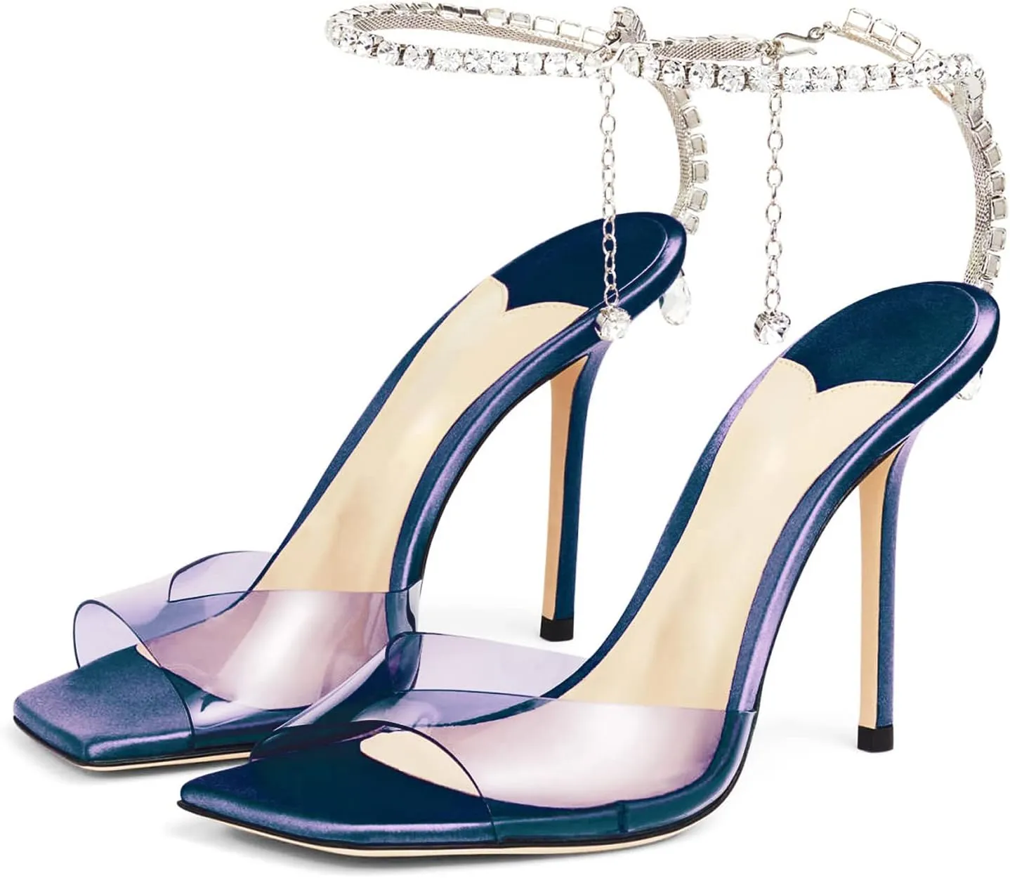 Women's Heeled Sandals Crystal Chain Ankle Strap Rhinestone Buckle Square Open Toe Stiletto High Heels Wedding Party Satin Dress Shoes