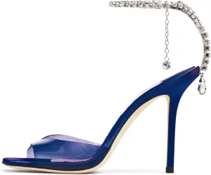 Women's Heeled Sandals Crystal Chain Ankle Strap Rhinestone Buckle Square Open Toe Stiletto High Heels Wedding Party Satin Dress Shoes