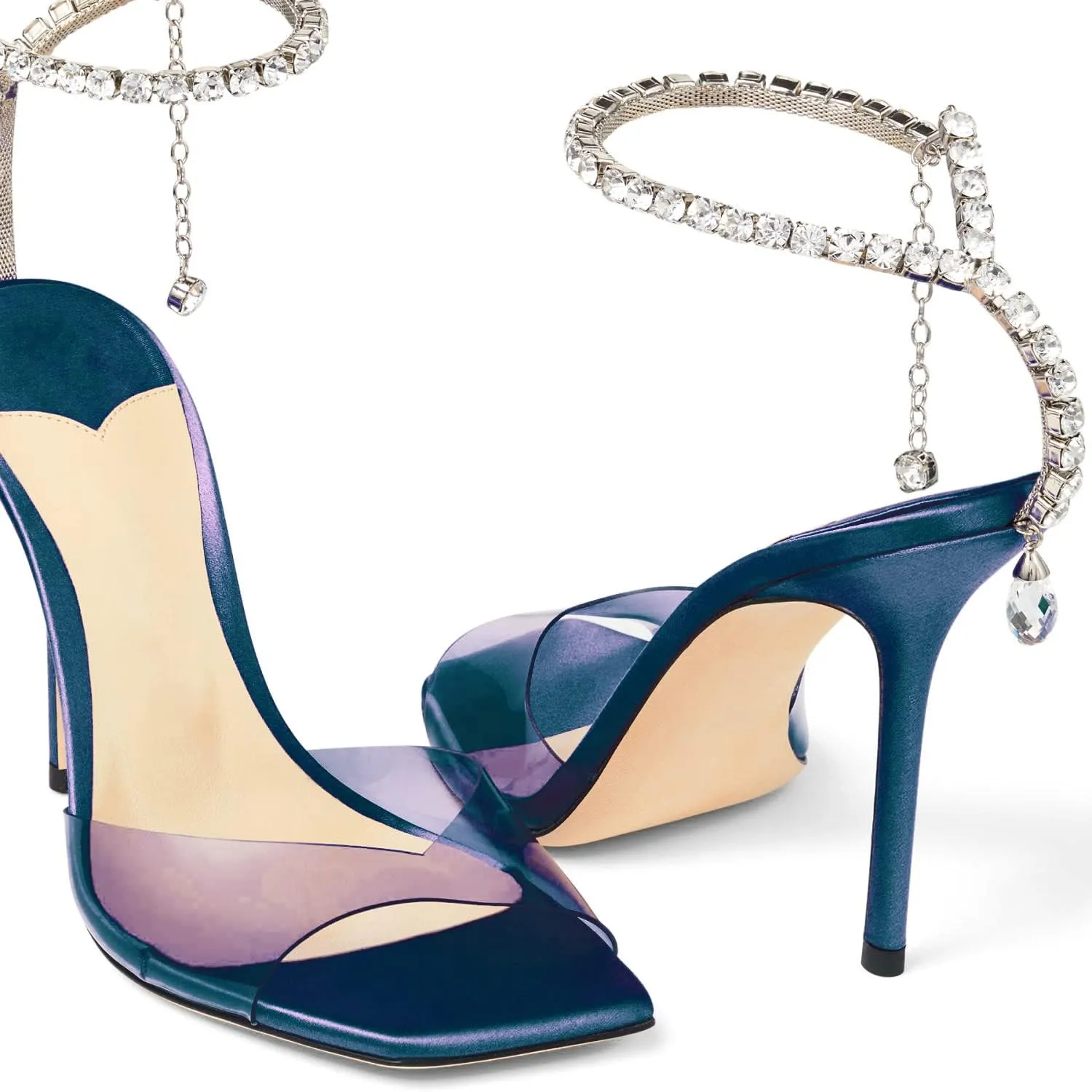 Women's Heeled Sandals Crystal Chain Ankle Strap Rhinestone Buckle Square Open Toe Stiletto High Heels Wedding Party Satin Dress Shoes