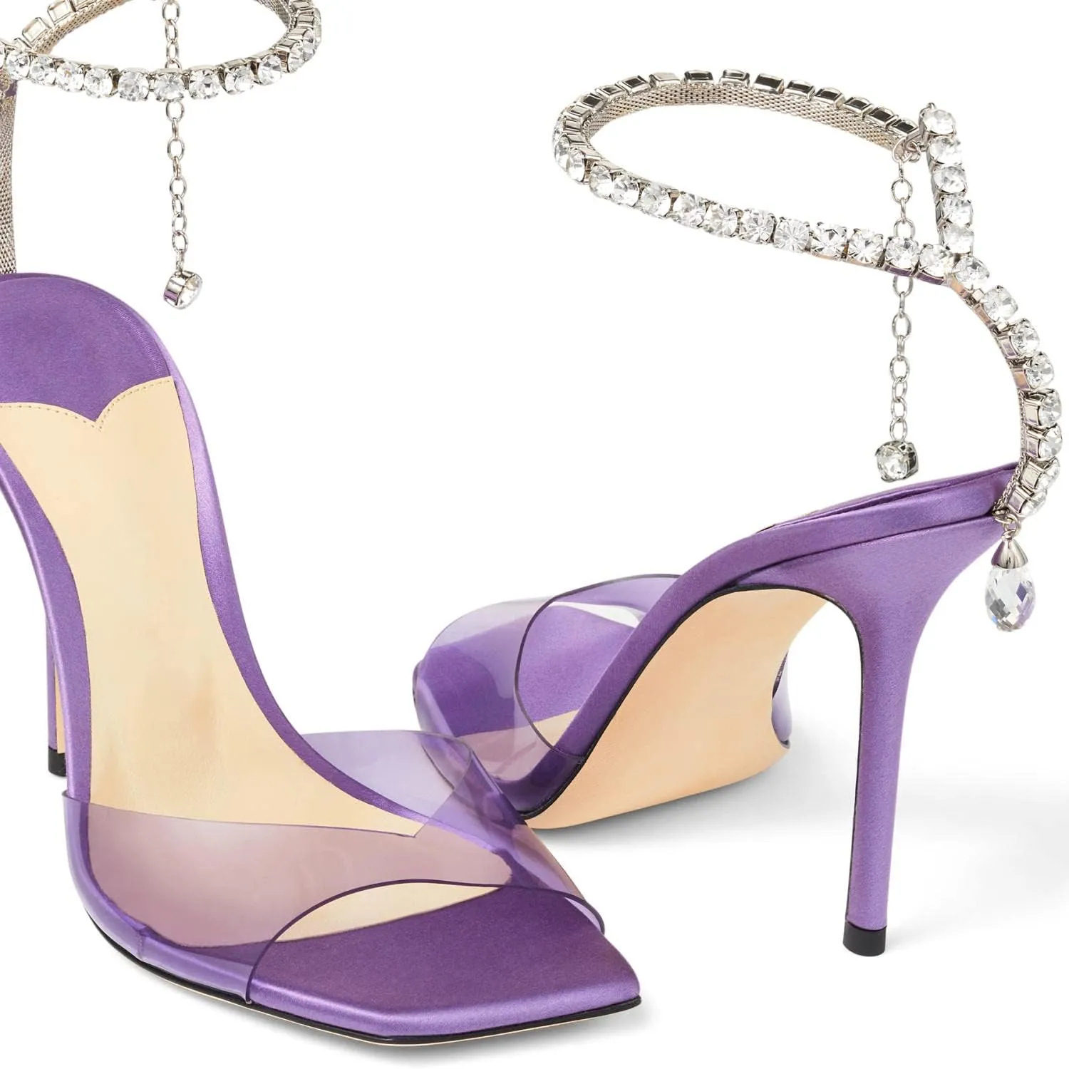 Women's Heeled Sandals Crystal Chain Ankle Strap Rhinestone Buckle Square Open Toe Stiletto High Heels Wedding Party Satin Dress Shoes