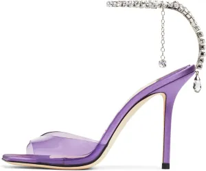 Women's Heeled Sandals Crystal Chain Ankle Strap Rhinestone Buckle Square Open Toe Stiletto High Heels Wedding Party Satin Dress Shoes