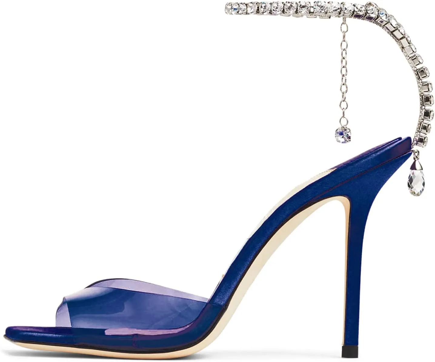 Women's Heeled Sandals Crystal Chain Ankle Strap Rhinestone Buckle Square Open Toe Stiletto High Heels Wedding Party Satin Dress Shoes