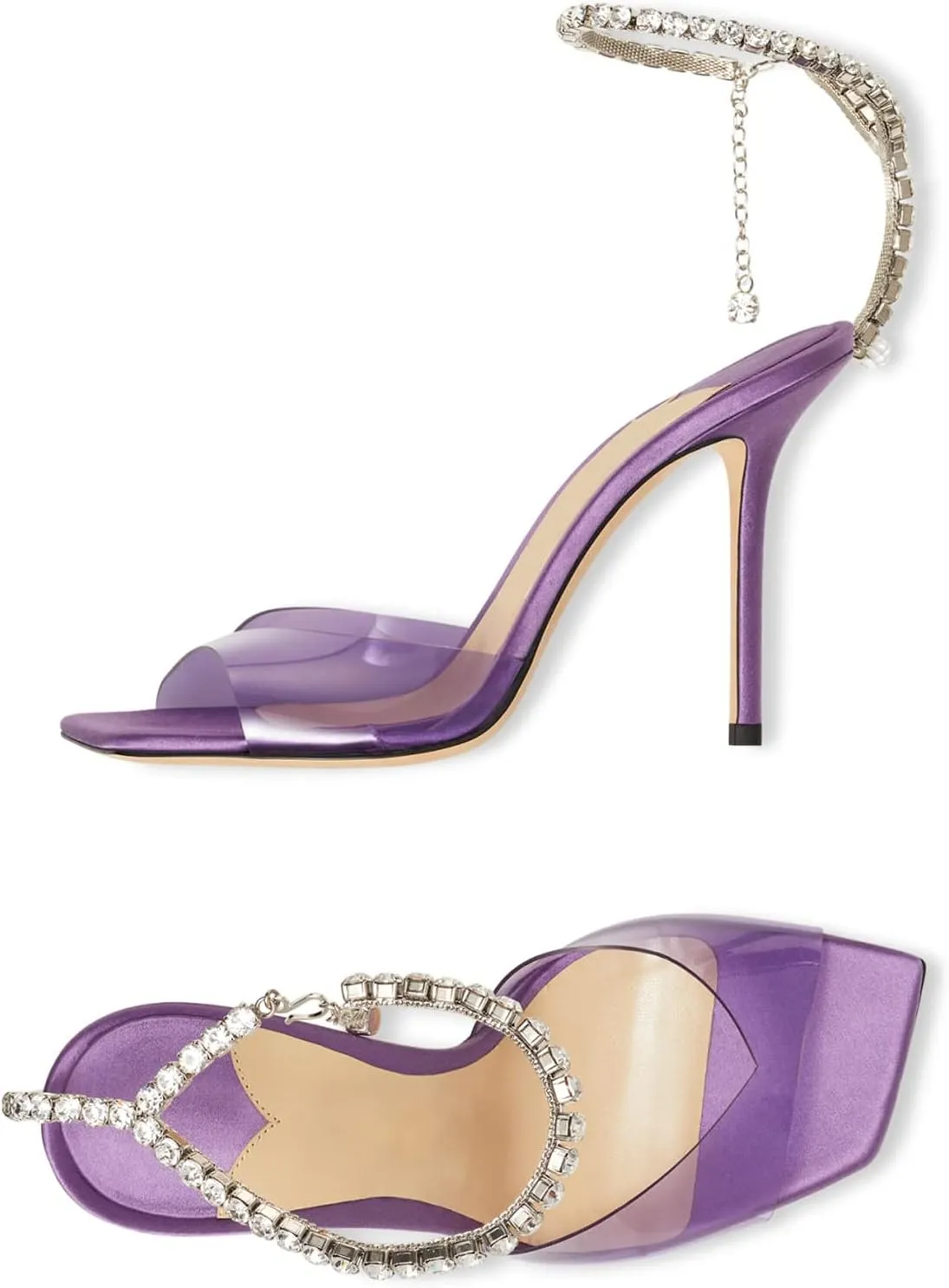 Women's Heeled Sandals Crystal Chain Ankle Strap Rhinestone Buckle Square Open Toe Stiletto High Heels Wedding Party Satin Dress Shoes
