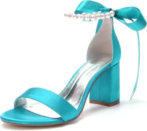 Women's Heels Sandals for Women Fashion Pearls Ribbon Tie Block Chunky Heel Pumps Party Wedding Dress Shoes
