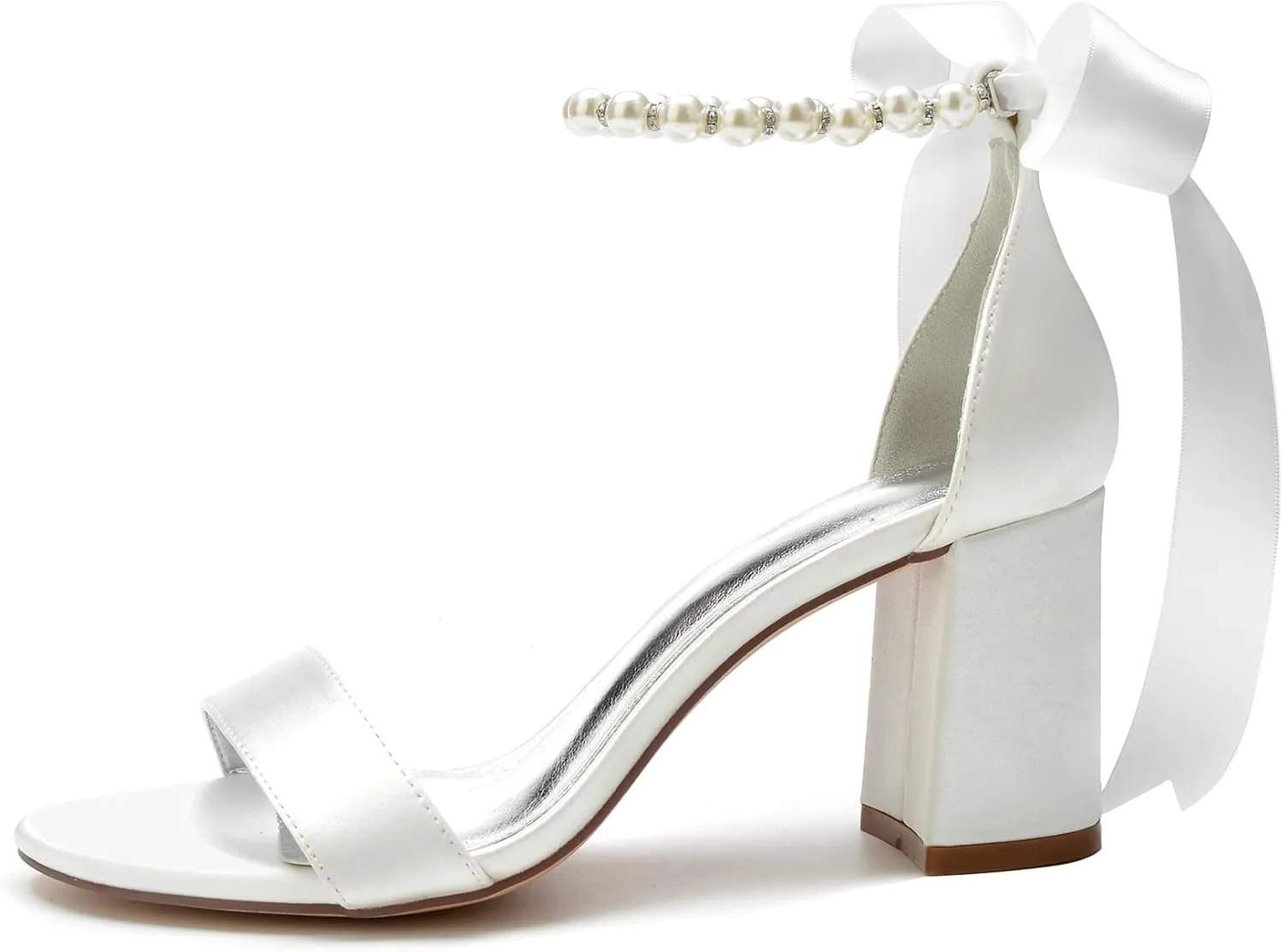 Women's Heels Sandals for Women Fashion Pearls Ribbon Tie Block Chunky Heel Pumps Party Wedding Dress Shoes