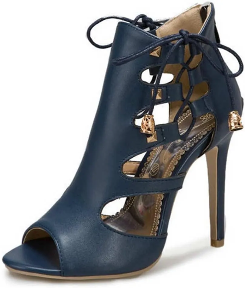 Women's High Top Sandals Peep Toe Lace Up Summer Boots Party Sexy Pump Shoes with Zip