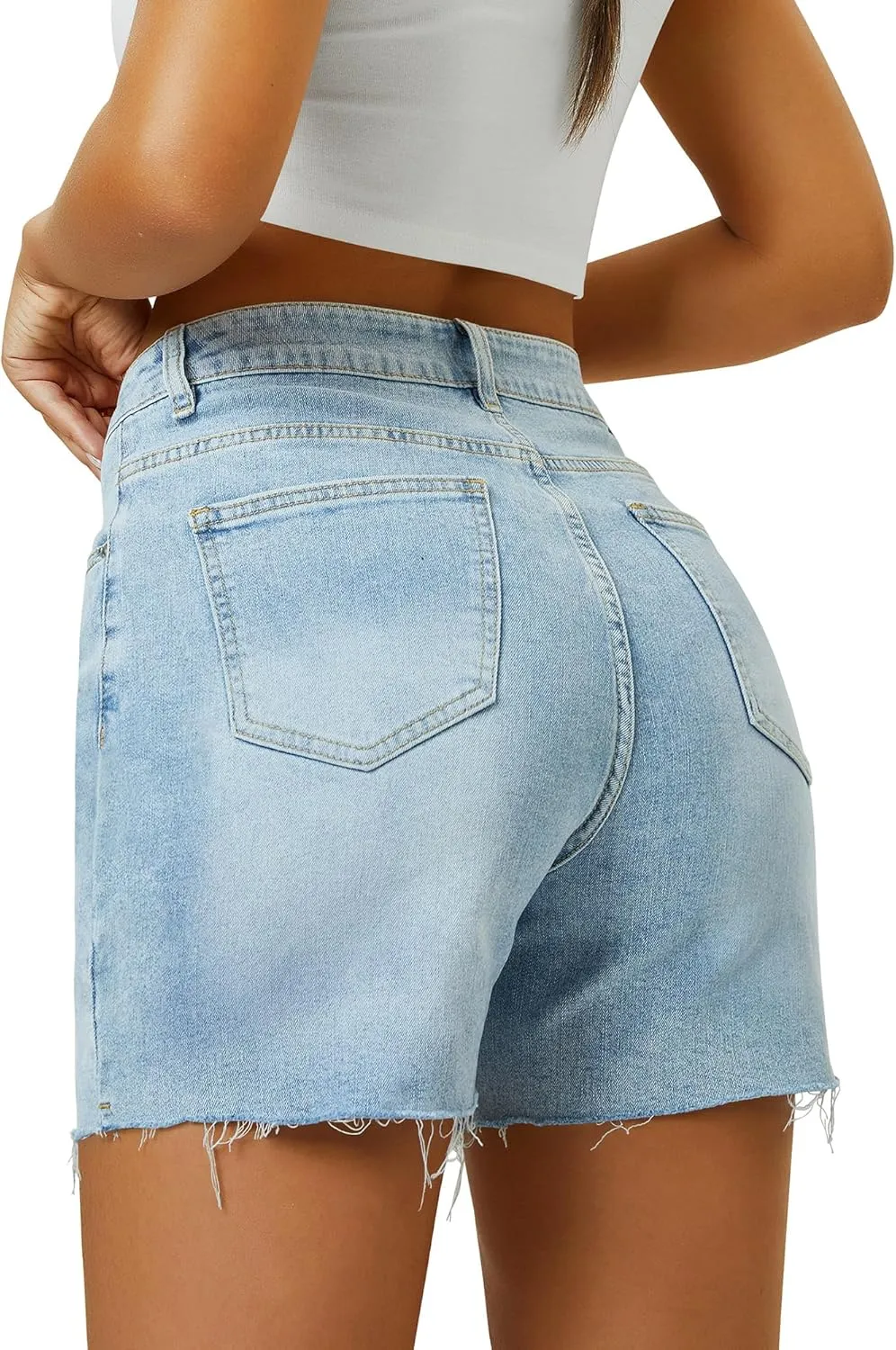 Womens High Waist Jean Shorts Wide Straight Leg Microelastic Long Denim Mom Shorts