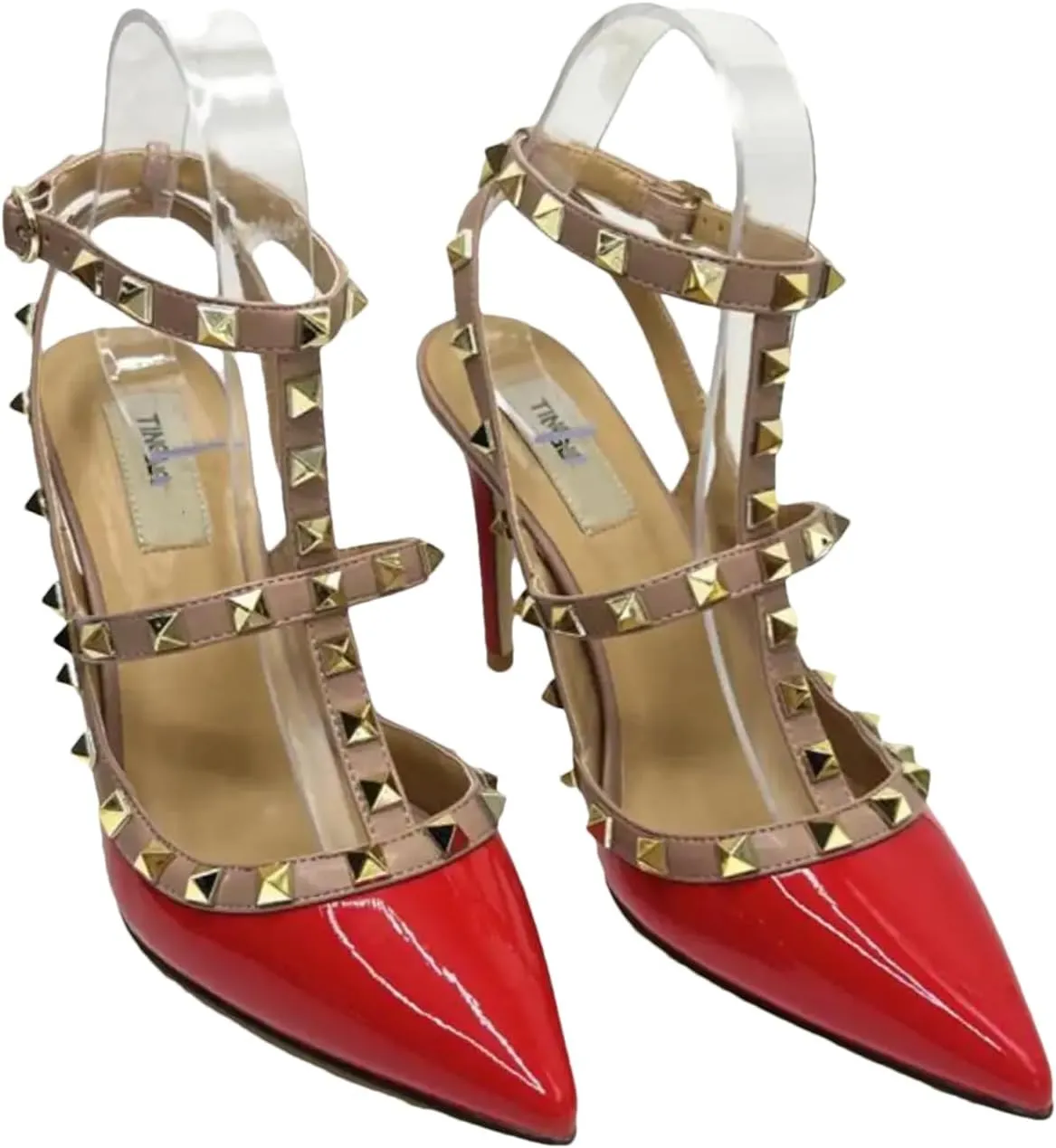 Women's Leather Rivet Pumps, Black Slim Stiletto Wedding Party Heels