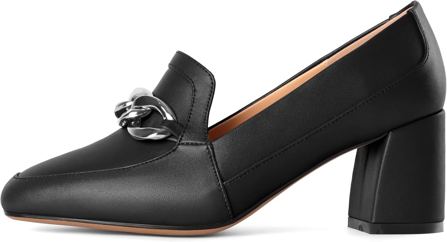 Women's Low Heel Pumps Loafers with Metal Buckle Square Toe Pumps Chunky Heeled Pump Stylish Comfortable 2.5 Inch Loafers Heels