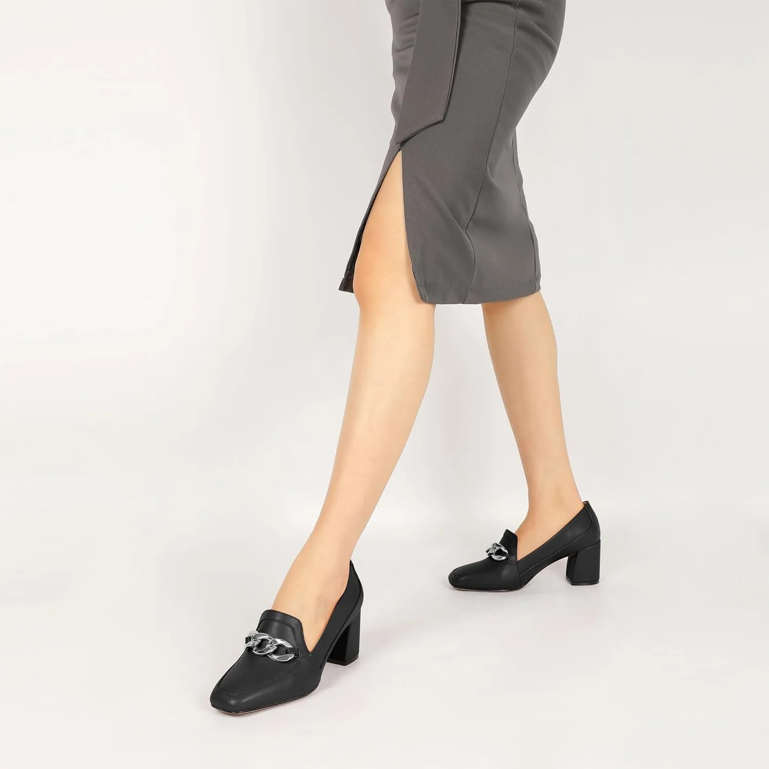 Women's Low Heel Pumps Loafers with Metal Buckle Square Toe Pumps Chunky Heeled Pump Stylish Comfortable 2.5 Inch Loafers Heels