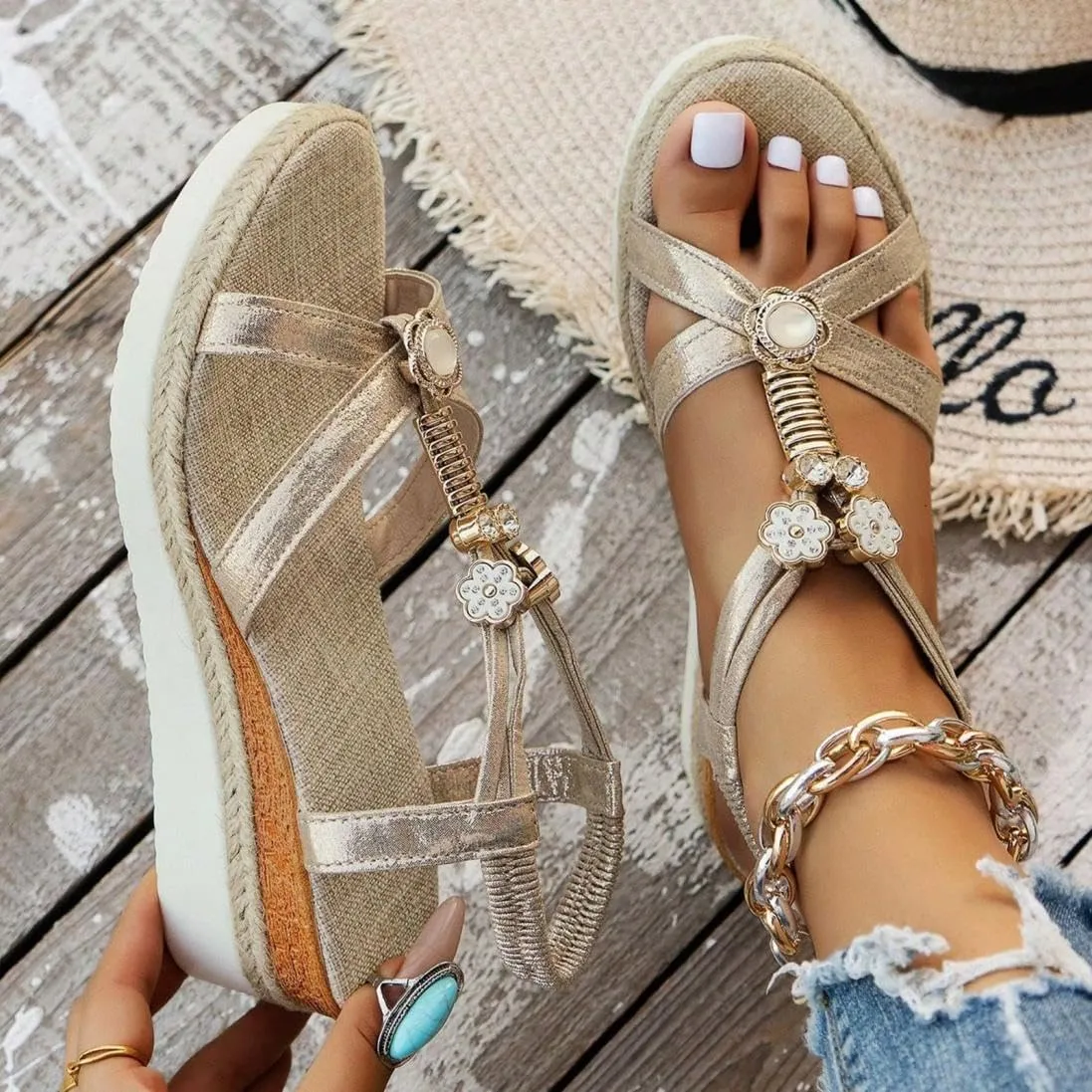 Womens Low Wedge Heels Sandals Shoes,Wide Width Platform Wedge Sandals for Women Summer Dressy,Comfort Walking Non Slip Casual Summer Beach Sandals Ankle Elastic Bohemian Woven Sandals