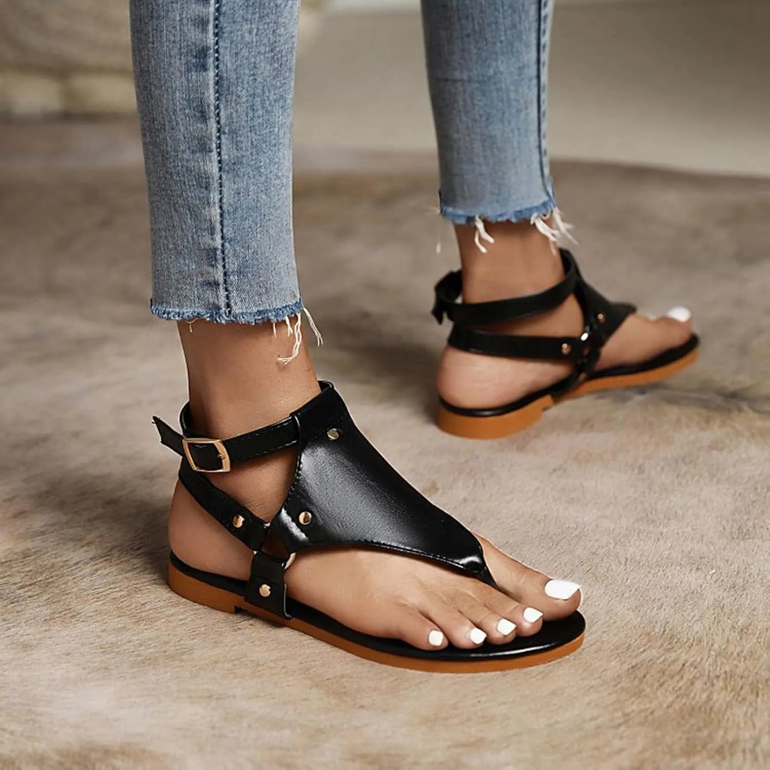 Womens Low Wedge Sandals Ladies Summer Faux Leather Flip Flops Vintage Buckle Design Ankle Strap Thong Sandals Comfy T-Bar Slingback Beach Walking Shoes,Black,US10/EU41