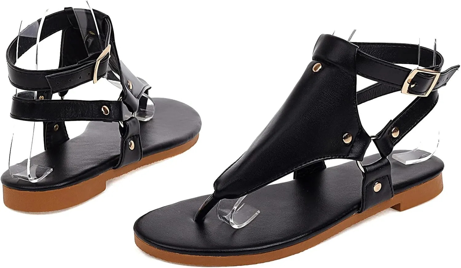 Womens Low Wedge Sandals Ladies Summer Faux Leather Flip Flops Vintage Buckle Design Ankle Strap Thong Sandals Comfy T-Bar Slingback Beach Walking Shoes,Black,US10/EU41