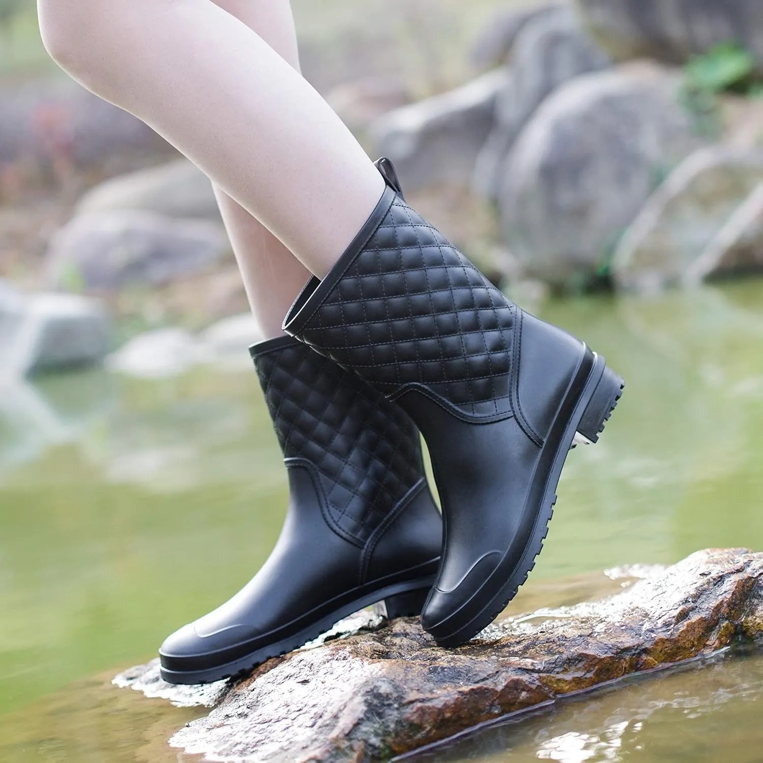 Women's Mid Calf Rain Boots Waterproof Lightweight Garden Shoes