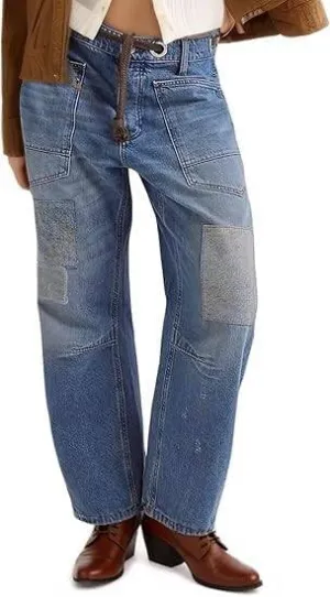 Womens Moxie Pull-On Barrel Jeans Mid-Low Rise Boyfriend Drawstring Ankle Baggy Jeans Elastic Waist Stretchy Denim Pants