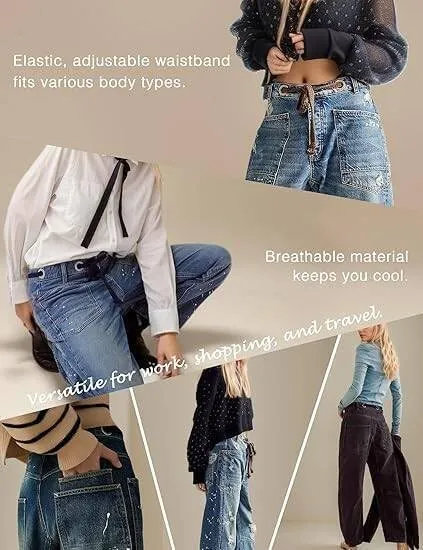 Womens Moxie Pull-On Barrel Jeans Mid-Low Rise Boyfriend Drawstring Ankle Baggy Jeans Elastic Waist Stretchy Denim Pants
