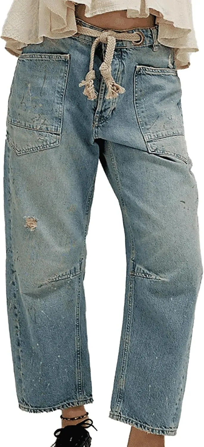 Womens Moxie Pull-On Barrel Jeans Mid-Low Rise Boyfriend Drawstring Ankle Baggy Jeans Elastic Waist Stretchy Denim Pants