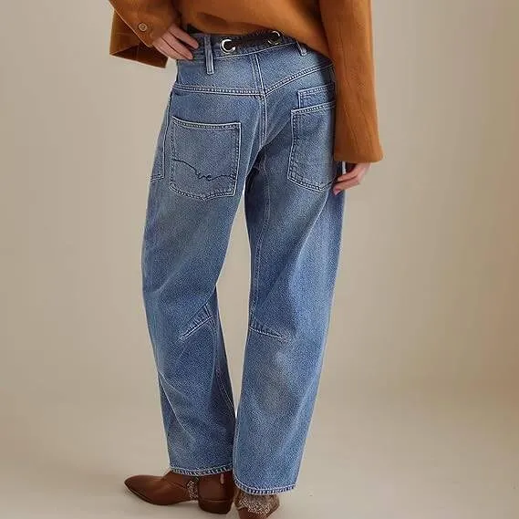 Womens Moxie Pull-On Barrel Jeans Mid-Low Rise Boyfriend Drawstring Ankle Baggy Jeans Elastic Waist Stretchy Denim Pants