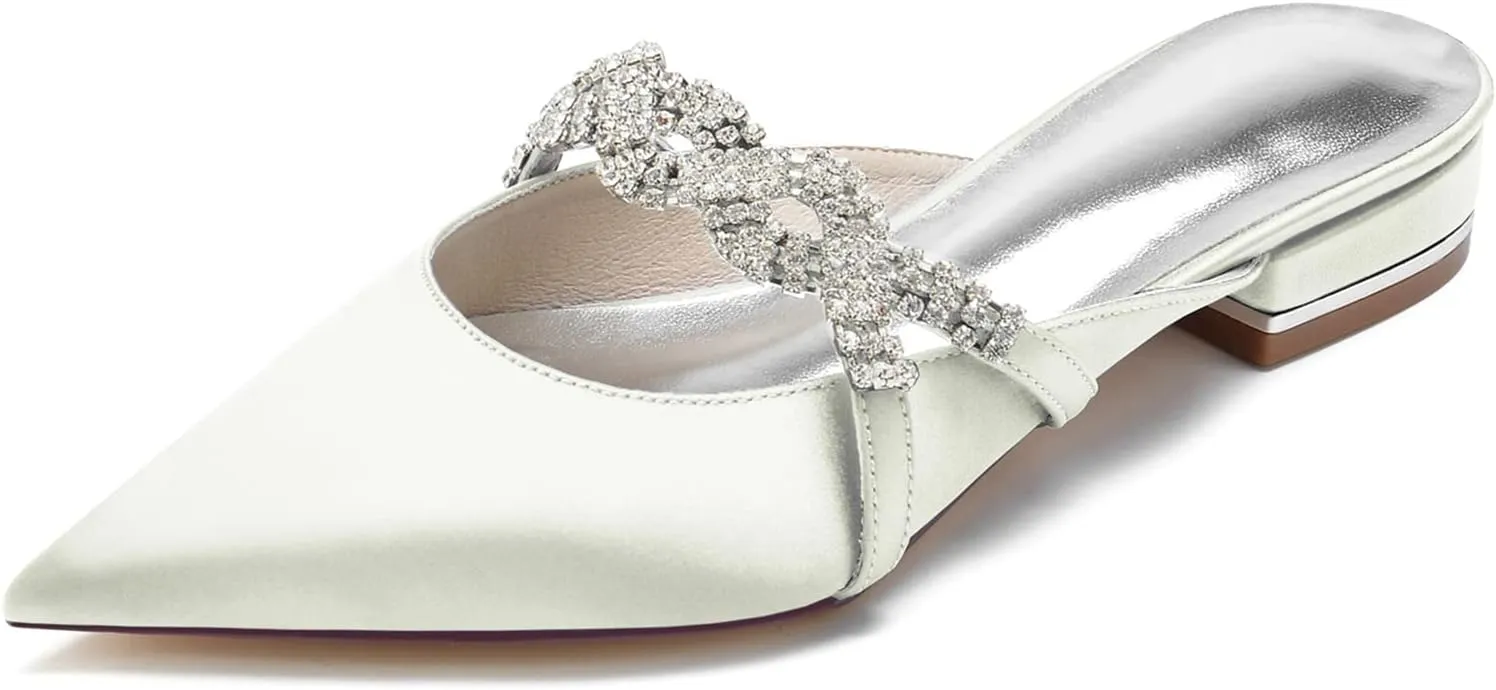Women's Mules Flats Pointed Toe Backless Loafers Slip on Slides for Wedding Bridal Dress Shoes