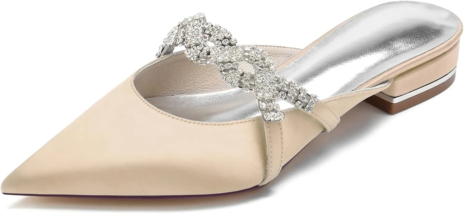 Women's Mules Flats Pointed Toe Backless Loafers Slip on Slides for Wedding Bridal Dress Shoes