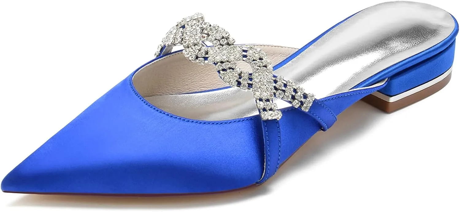 Women's Mules Flats Pointed Toe Backless Loafers Slip on Slides for Wedding Bridal Dress Shoes