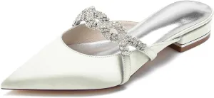 Women's Mules Flats Pointed Toe Backless Loafers Slip on Slides for Wedding Bridal Dress Shoes