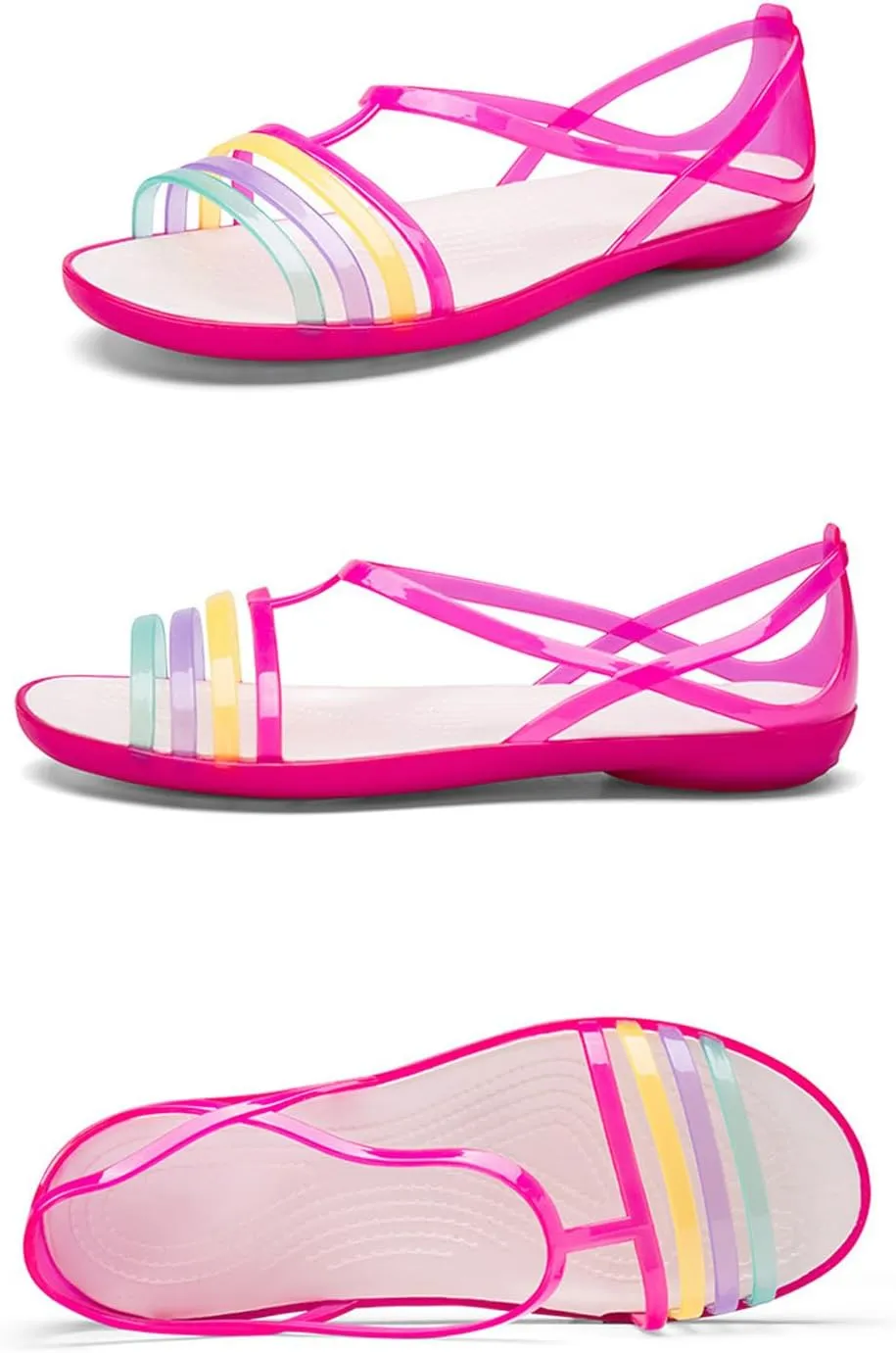 Women's Open Toe Colorful Neon Jelly Flat Sandals,Summer T-Strap Rainbow Gladiator Clear Rain Shoes Slip On Beach Casual Width Toe Sandals