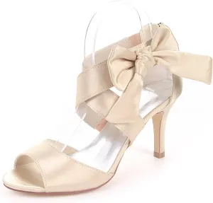 Women's Orange Bow Sandals Satin Dress Shoes Bridal Wedding Heels, Party Show Shoes