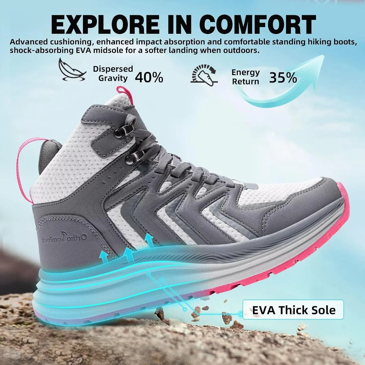 Women's Orthopedic Mid Trekking Hiking Boots: Comfortable Plantar Fasciitis Ankle Support Workout Walking Running Shoes, Orthotic Work Sport Cross Training Trail Sneakers for Feet and Heel Pain Relief