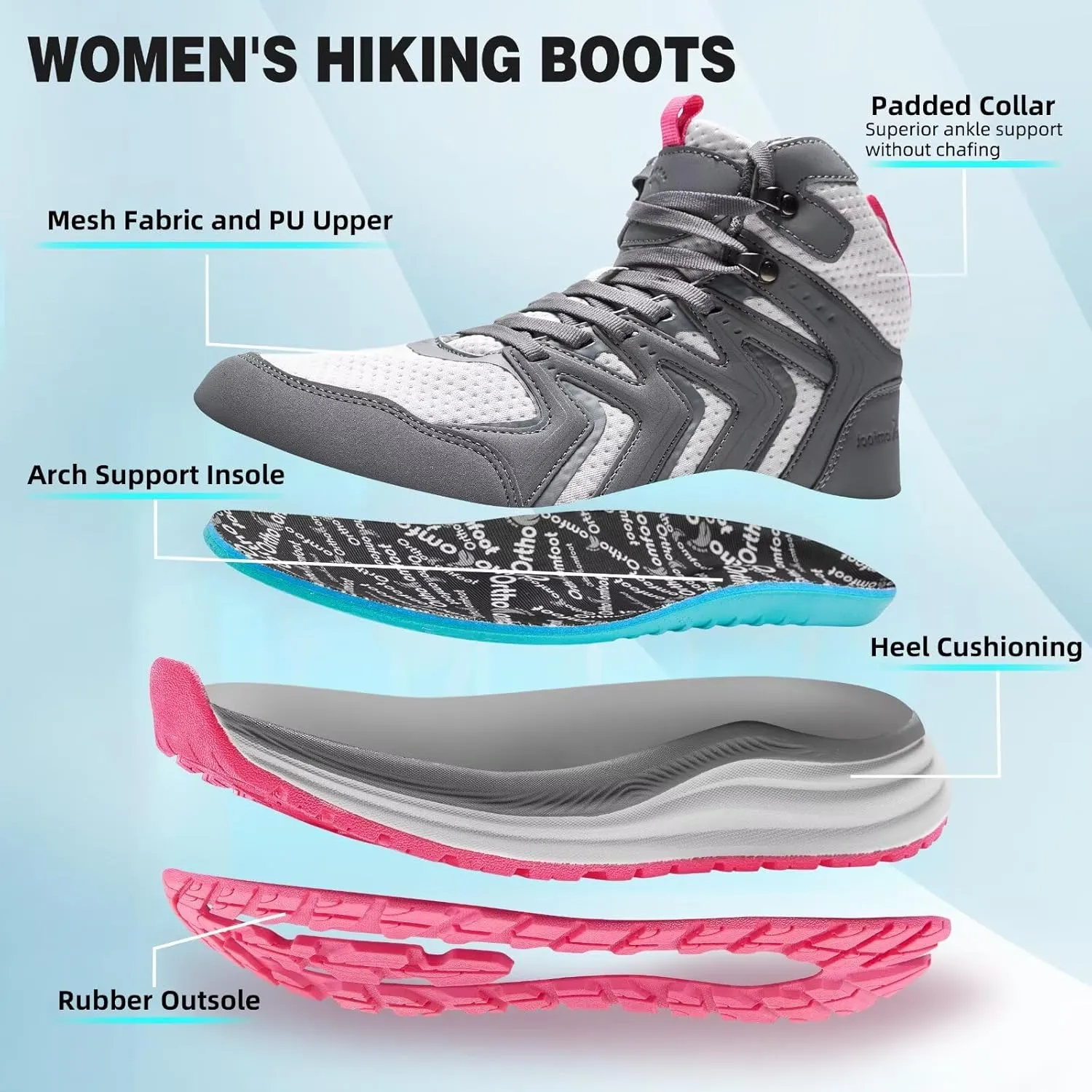 Women's Orthopedic Mid Trekking Hiking Boots: Comfortable Plantar Fasciitis Ankle Support Workout Walking Running Shoes, Orthotic Work Sport Cross Training Trail Sneakers for Feet and Heel Pain Relief