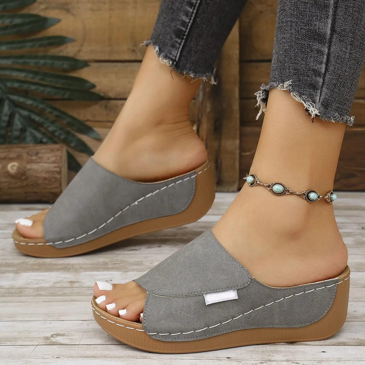 Women's Orthopedic Wedge Slides - Memory Foam Arch Support Sandals for Work/Home/Outdoor